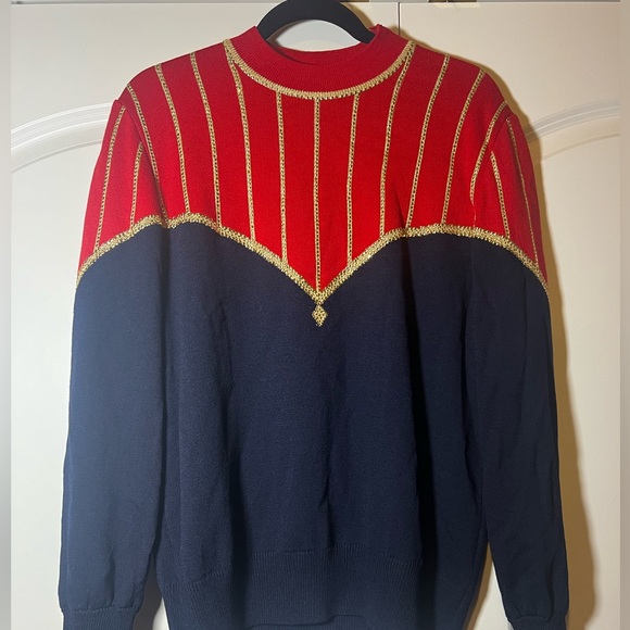St. John Sweaters - Vintage St. John Evening Santana Knit Mock Neck Sweater Womens Size 10 Red Navy